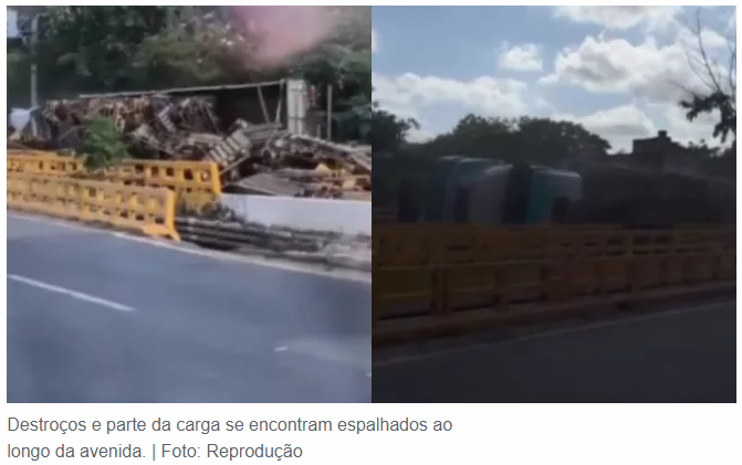 Caminhão tomba na Avenida Leão Sampaio, em Barbalha; via fica parcialmente interditada