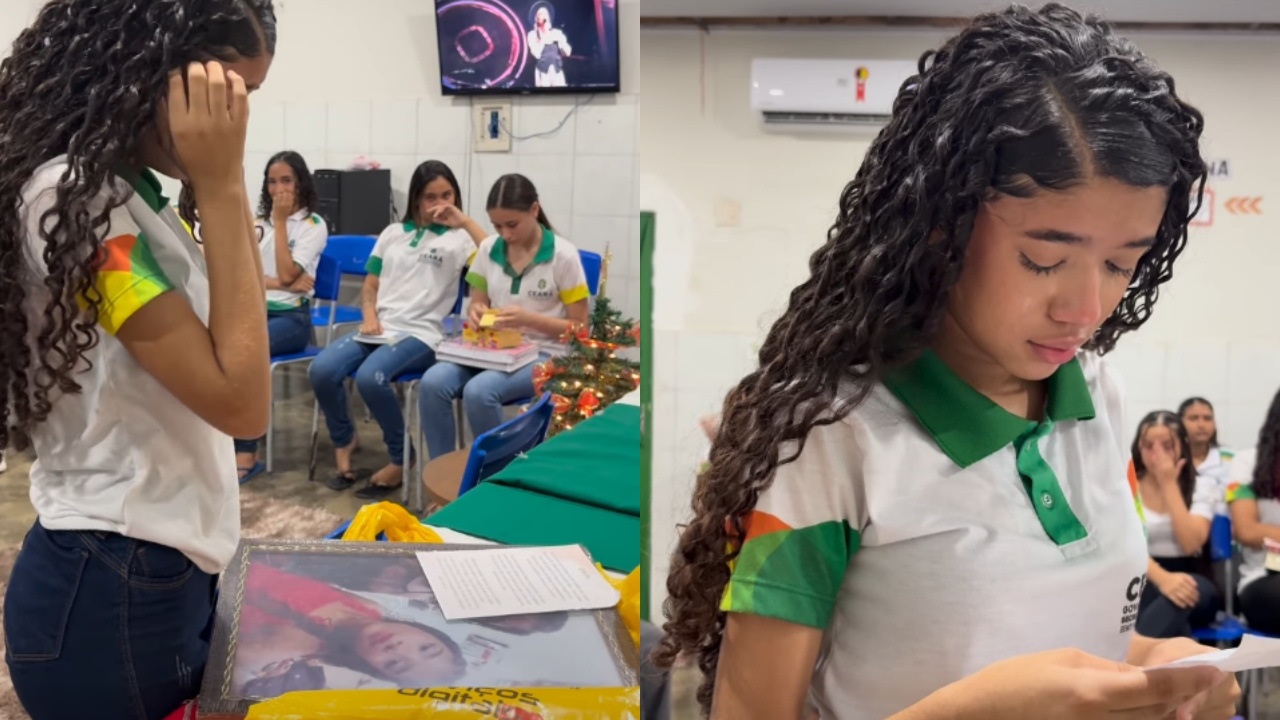 Aluna emociona escola ao pedir porta-retrato com foto da mãe falecida em Várzea Alegre